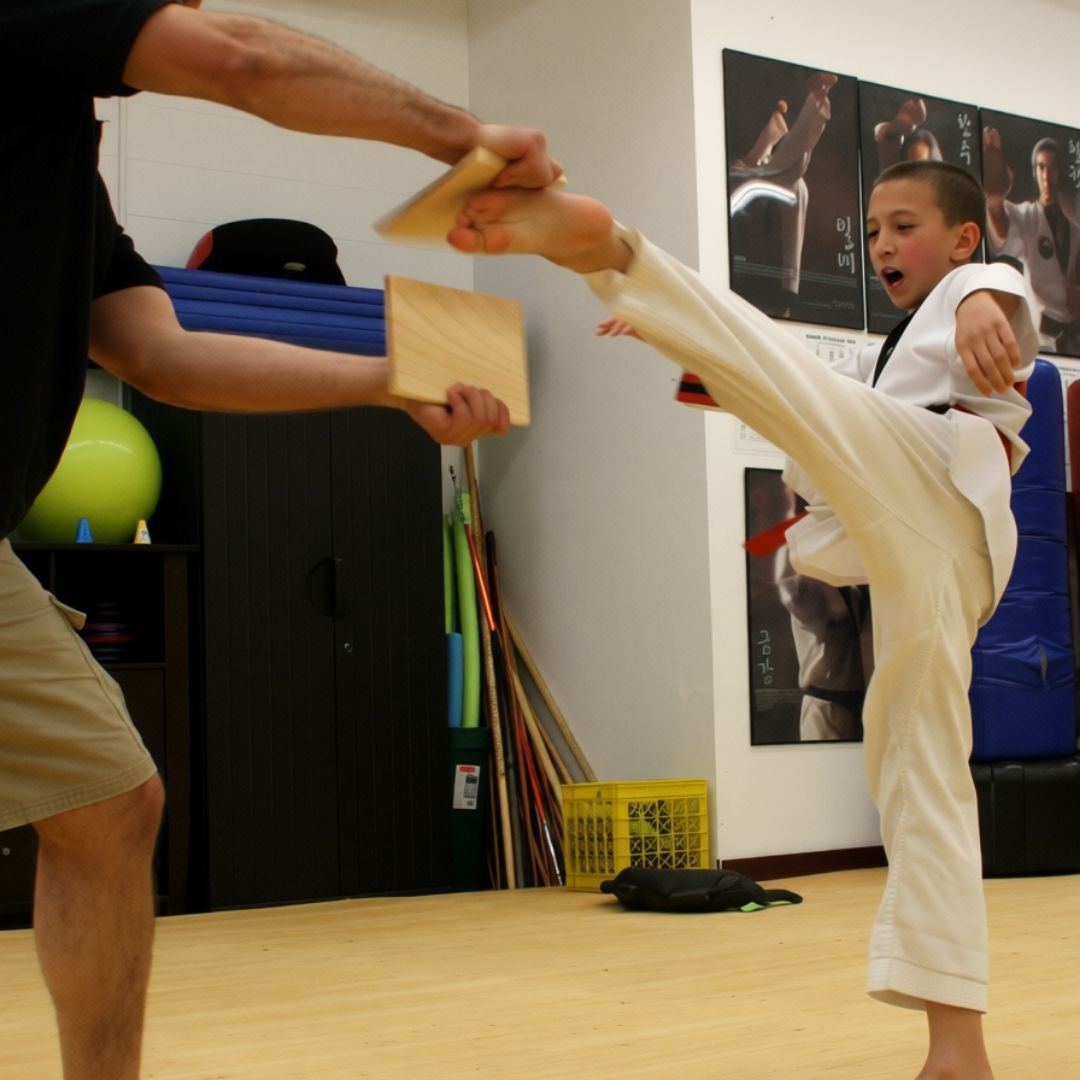 Group of children in martial arts attire posing, some with arms around each other, in a gym.