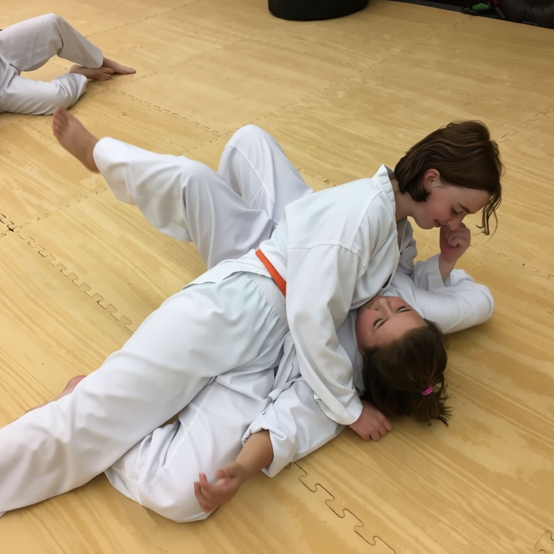 Two people practicing Brazilian Jiu-Jitsu on a mat; one in a black gi, one in a white gi, grappling.