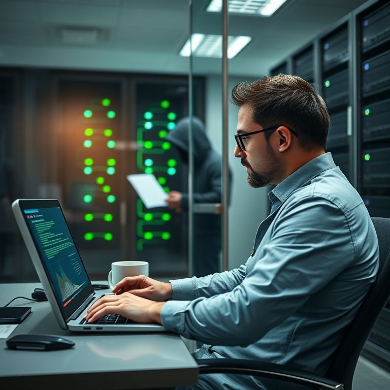 Ejecutivo trabajando mientras un hacker intenta robar sus datos