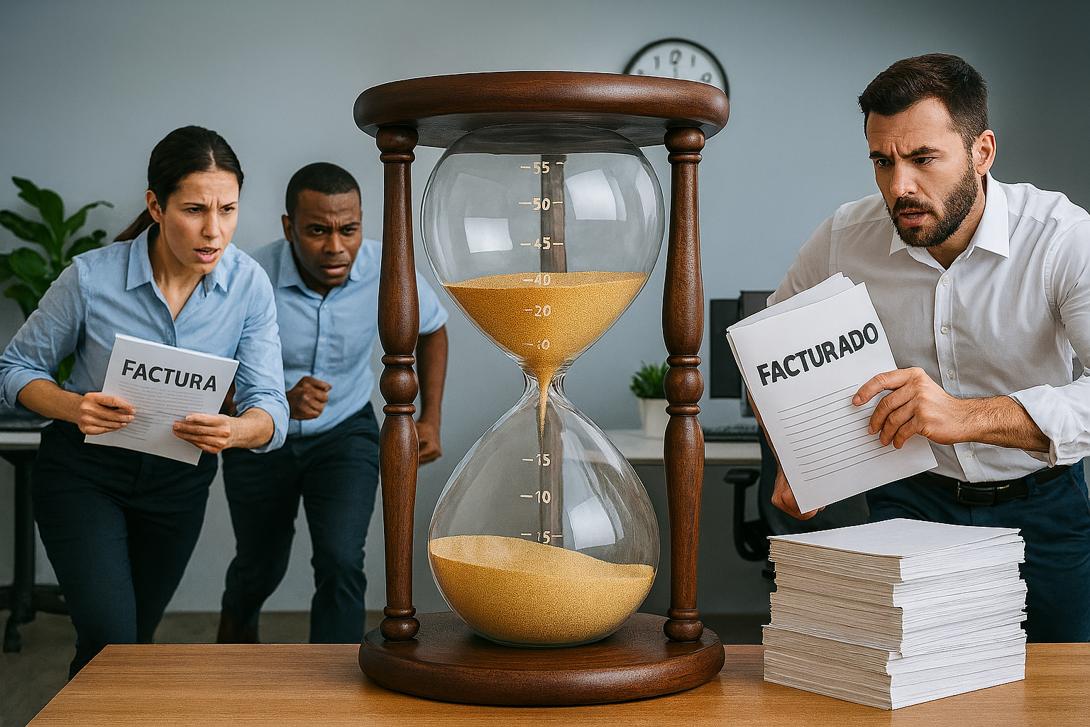 3 empleados de oficina estresados por generar la facturación a tiempo