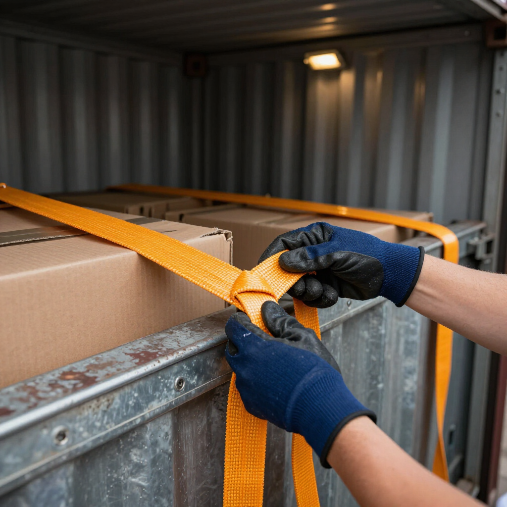A person wearing dark blue work gloves secures a bright orange strap over cardboard boxes inside a shipping container.