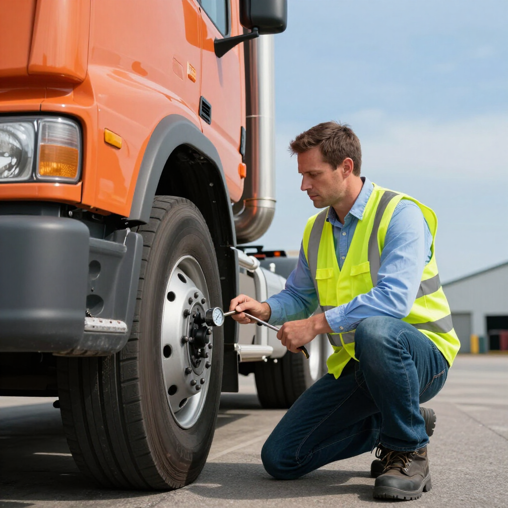 A person in a high-visibility vest kneels to check the tire pressure of an orange truck in an outdoor lot.