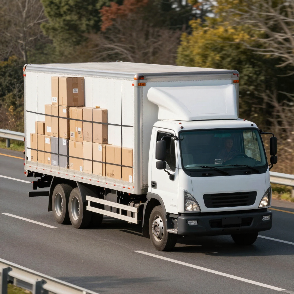 A white delivery truck with boxes loaded in the cargo area driving on a highway.