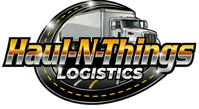 Logo for Haul-N-Things Logistics featuring a semi-truck on a black road-shaped oval with metallic gold and white text.