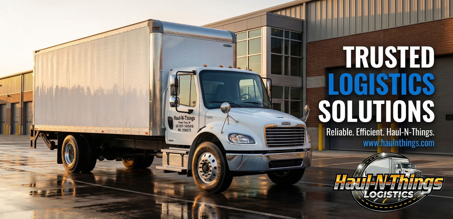 A white box truck parked in front of a commercial building, with text advertising Haul-N-Things Logistics.