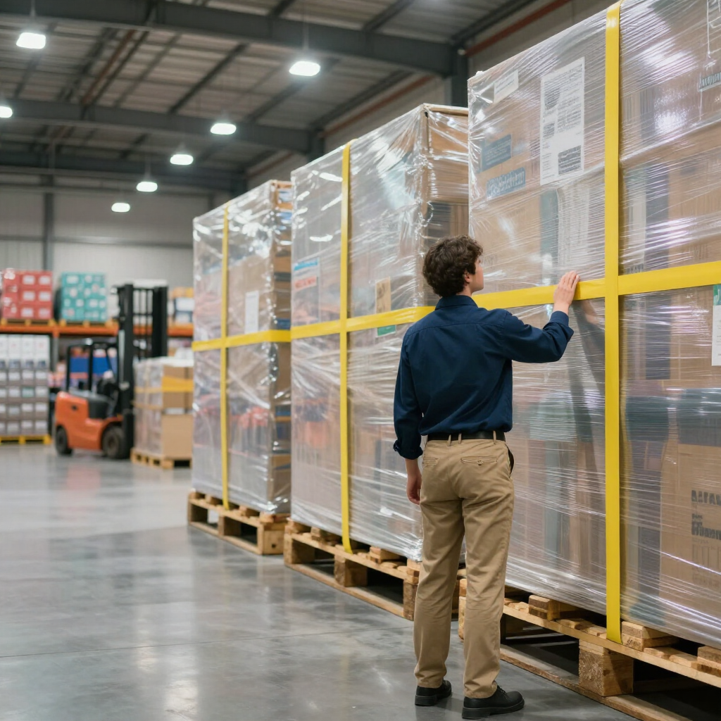 A warehouse worker in a blue shirt and tan pants inspects a pallet of goods wrapped in plastic inside a warehouse.