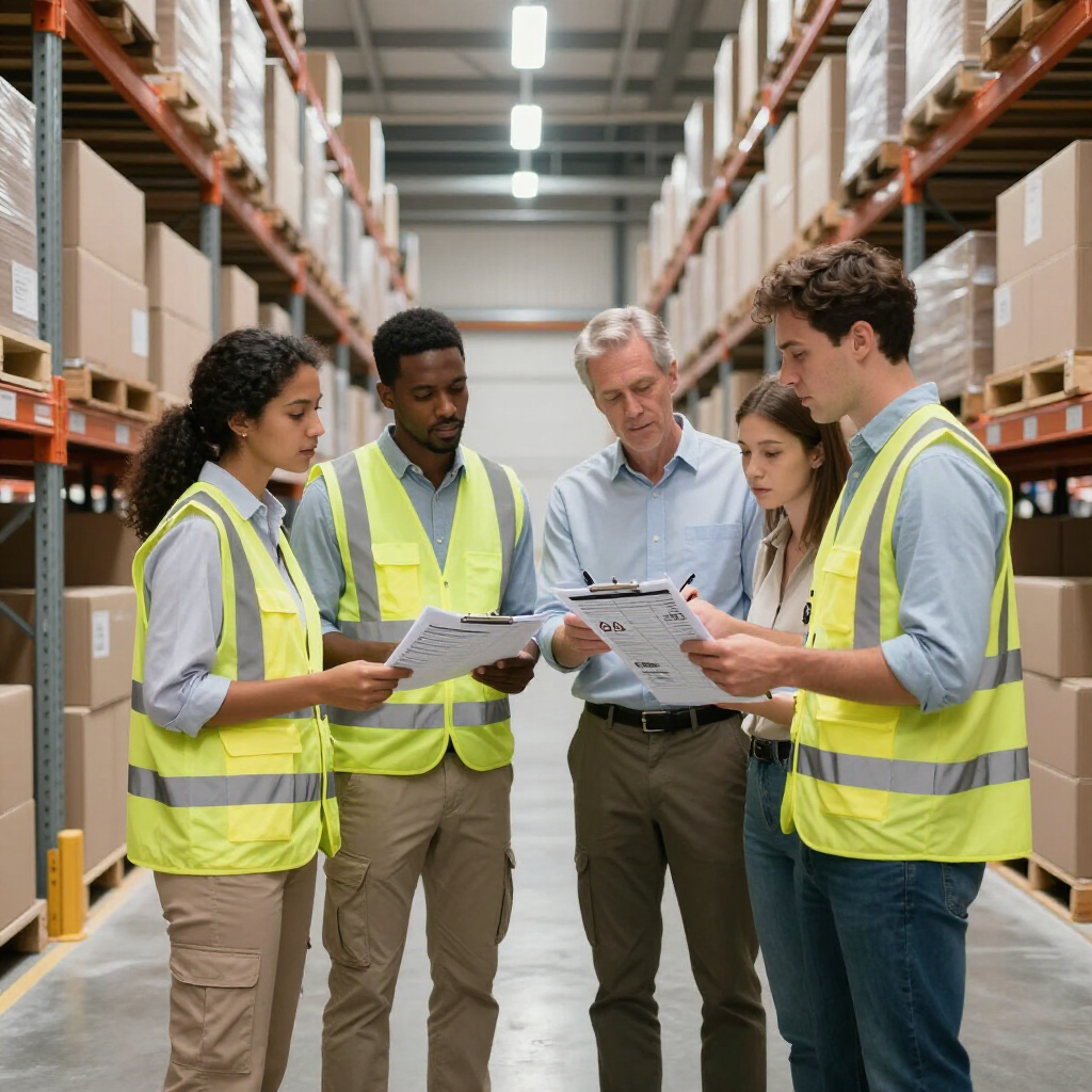 Four warehouse workers in high-visibility vests gather to review documents between tall aisles of stacked boxes.