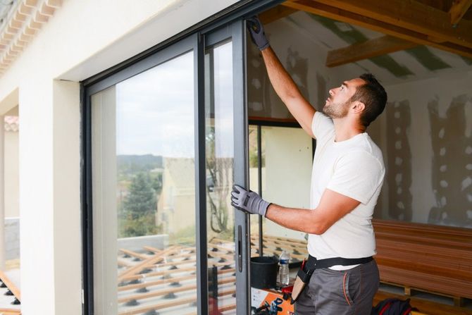 Worker installing a sliding glass door in a bright room with a hillside view