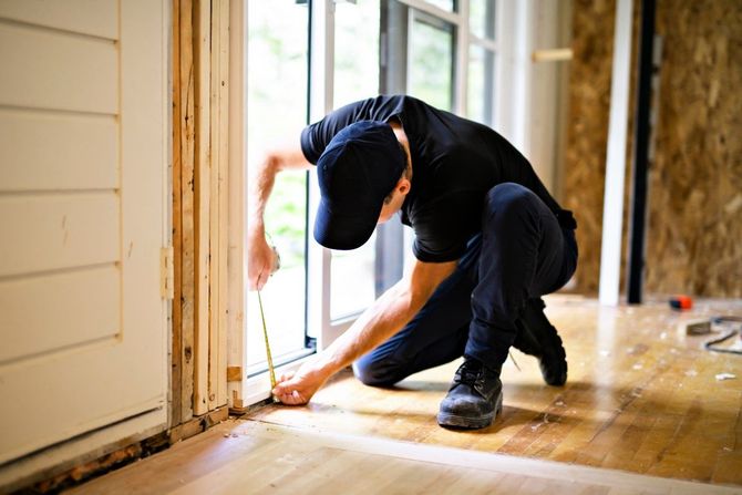 Person kneeling at a doorway, measuring or installing trim on a hardwood floor in a home renovation.