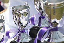 Purple and white ribbons around silver trophies