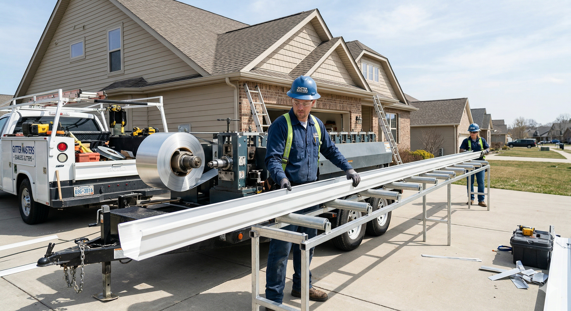 Workers in safety gear operate a mobile gutter-forming machine on a suburban driveway to create long metal gutter sections.