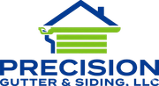 Logo for Precision Gutter & Siding, LLC featuring a blue house outline and green horizontal siding.
