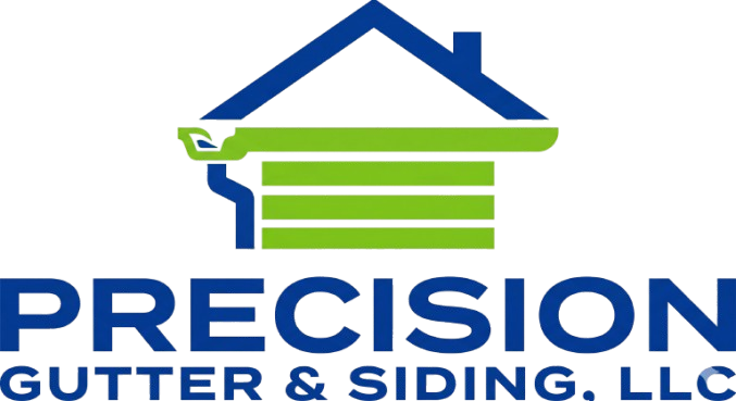 Logo for Precision Gutter & Siding, LLC featuring a blue house outline and green horizontal siding.