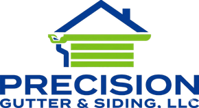 Logo for Precision Gutter & Siding, LLC featuring a blue house outline and green horizontal siding.