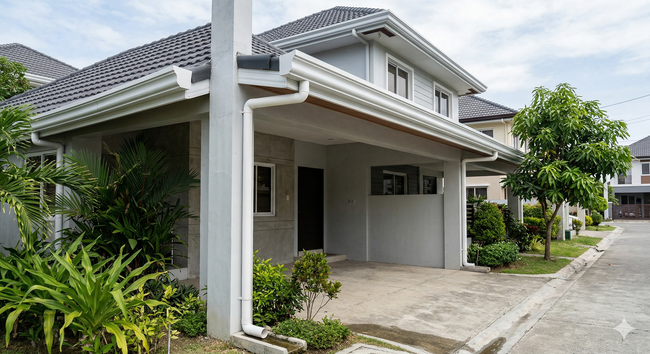 A modern, two-story gray house with a tiled roof and a paved carport, situated on a quiet residential street.