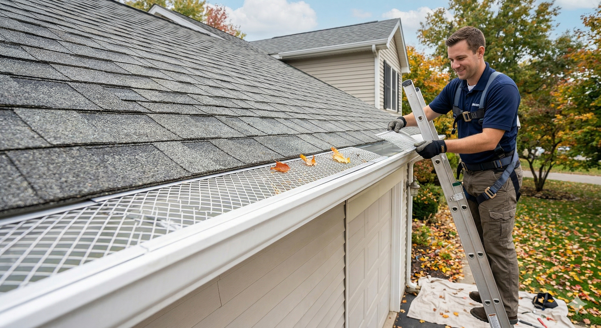 A worker in a harness uses a ladder to install a metal gutter guard on the edge of a shingled roof.