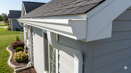A close-up view of white gutters and a downspout installed on the corner of a house with gray siding.