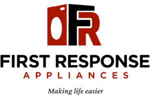 Logo for First Response Appliances: Red and black design with text and appliance graphic.