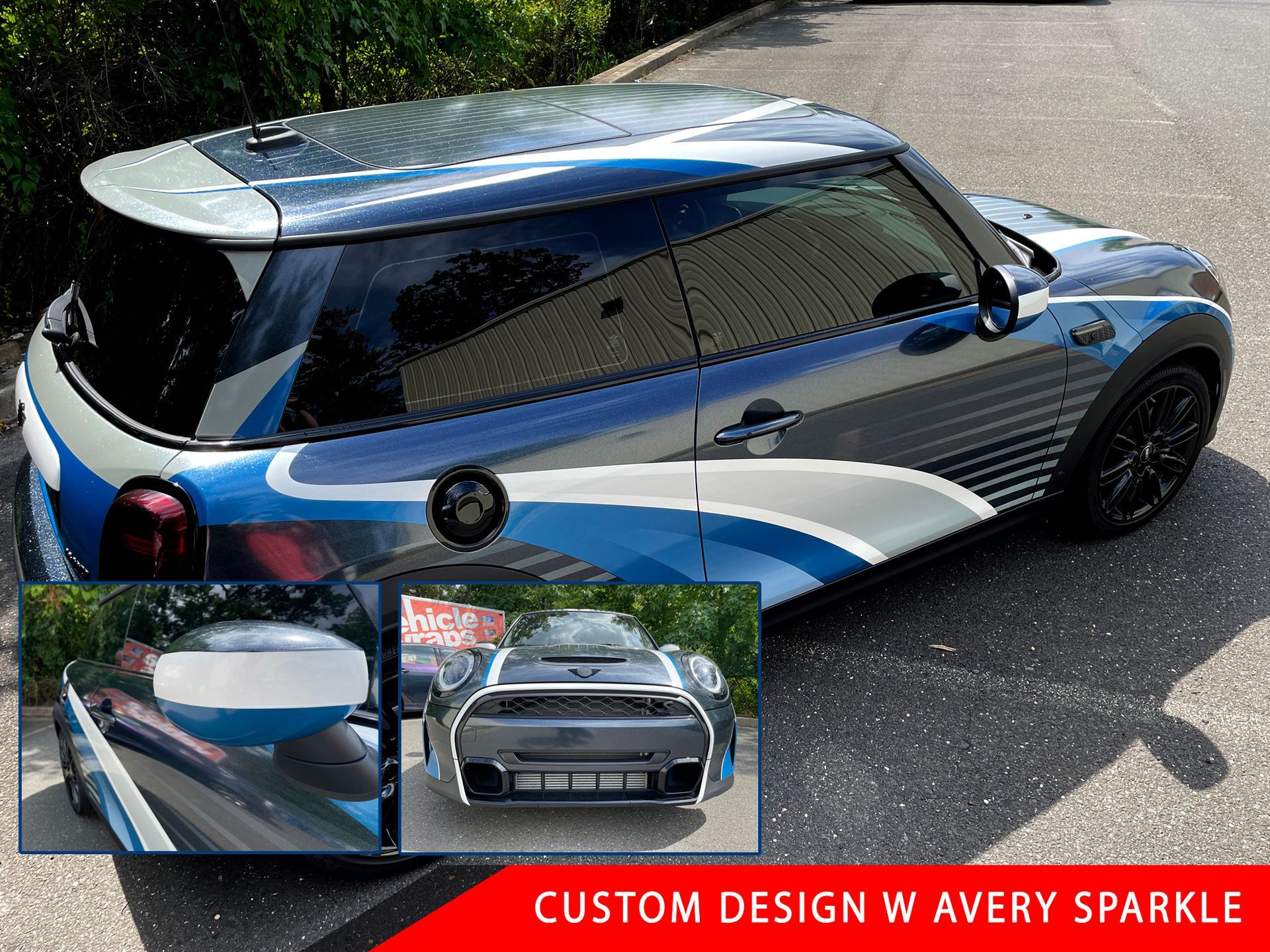 A mini cooper with a custom design wrapped in aluminum foil