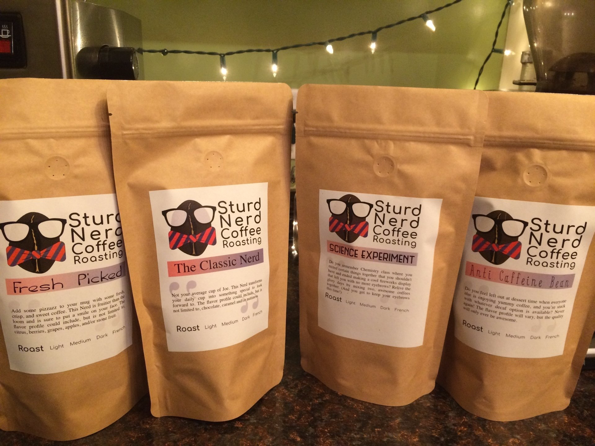 Bags of Sturd Nerd coffee on a counter
