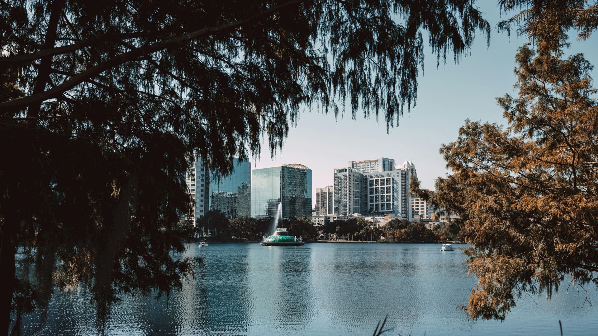 city scape across water with trees