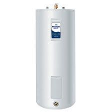 A silver American water heater tank with a control panel and brass fittings.