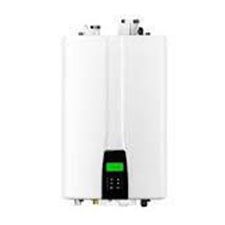 White, wall-mounted tankless water heater with a black control panel and green display.