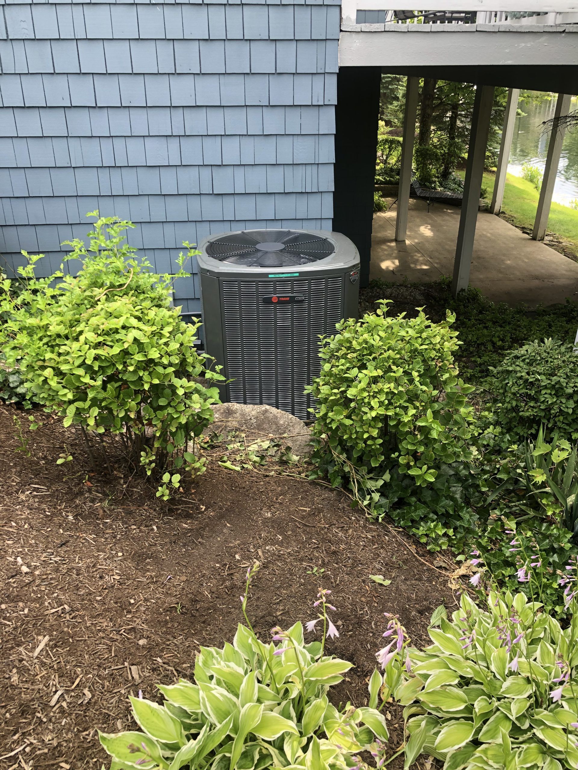 HVAC unit near blue building under a porch, surrounded by green shrubs and mulch.