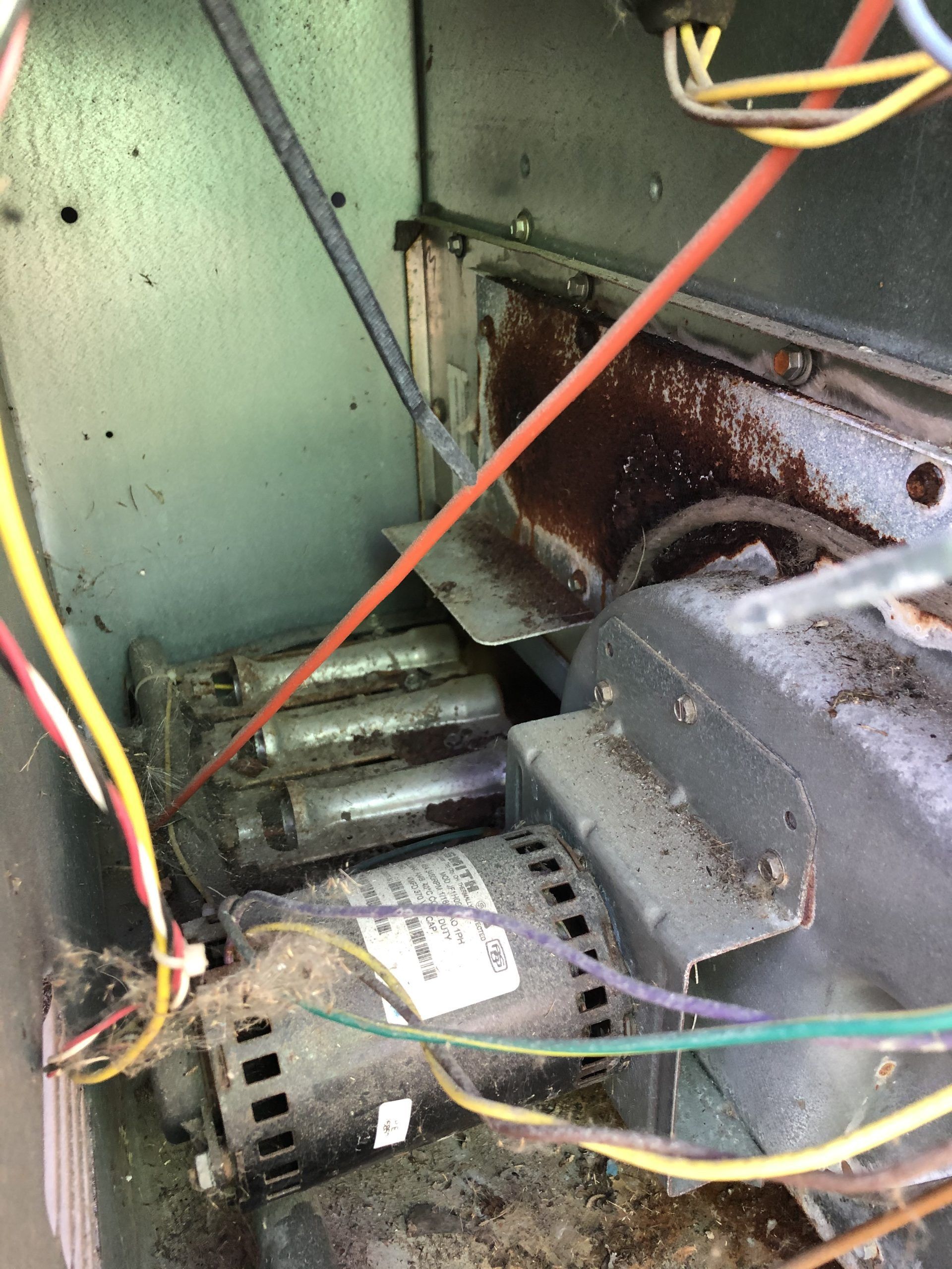 Inside of a furnace showing a burner assembly, blower motor, and wiring, all coated in dust and debris.