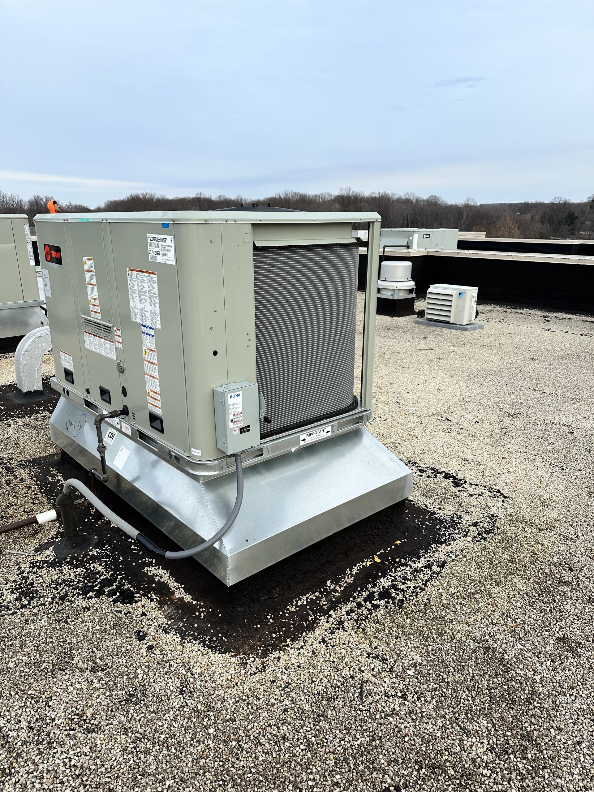 Rooftop HVAC unit on a gravel surface under an overcast sky.