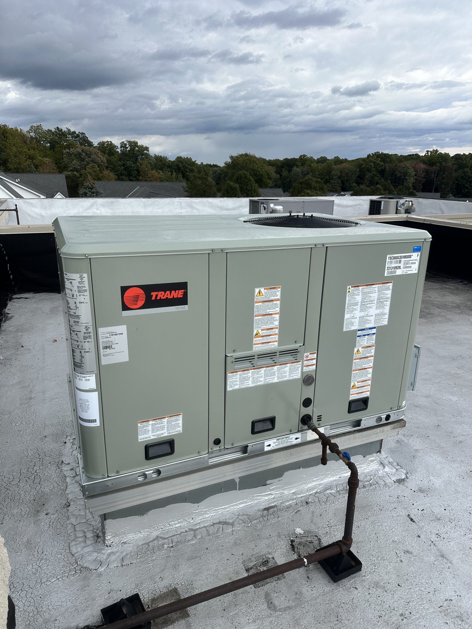 A rooftop air conditioning unit, light grey, with Trane logo, on a flat roof under an overcast sky.