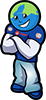 Cartoon Earth with arms crossed, smiling, wearing a blue shirt and pants, green and blue head.