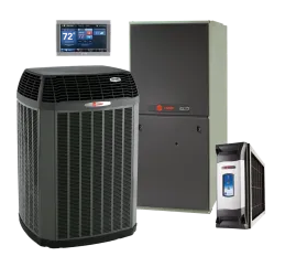 Air conditioning and furnace system: outdoor unit, indoor unit, thermostat, and air purifier.