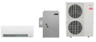 Air conditioning system components: indoor unit, electrical panel, and outdoor unit.