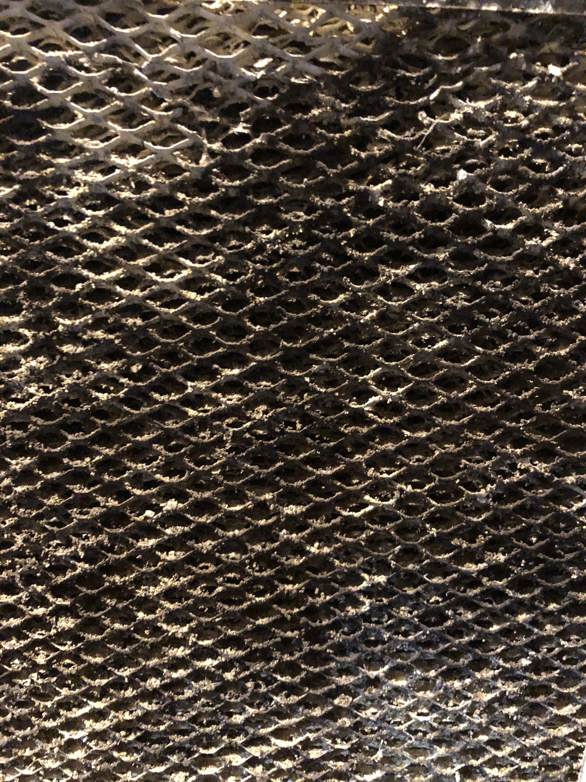 Close-up of a dark, perforated metal mesh with small oval holes. The mesh appears dirty.