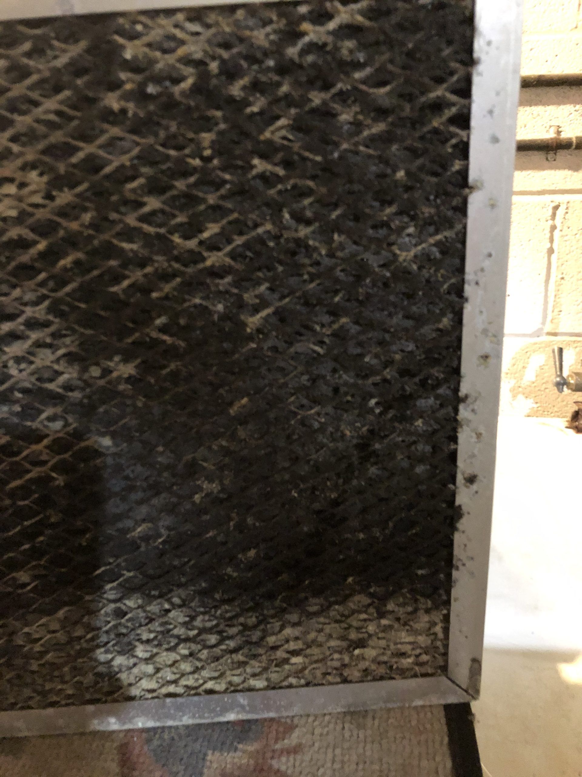 Dirty air filter, covered in a thick layer of dark debris, inside a metal frame.