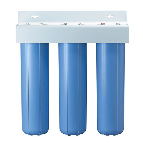 Triple-canister water filter system with blue canisters and a white bracket.