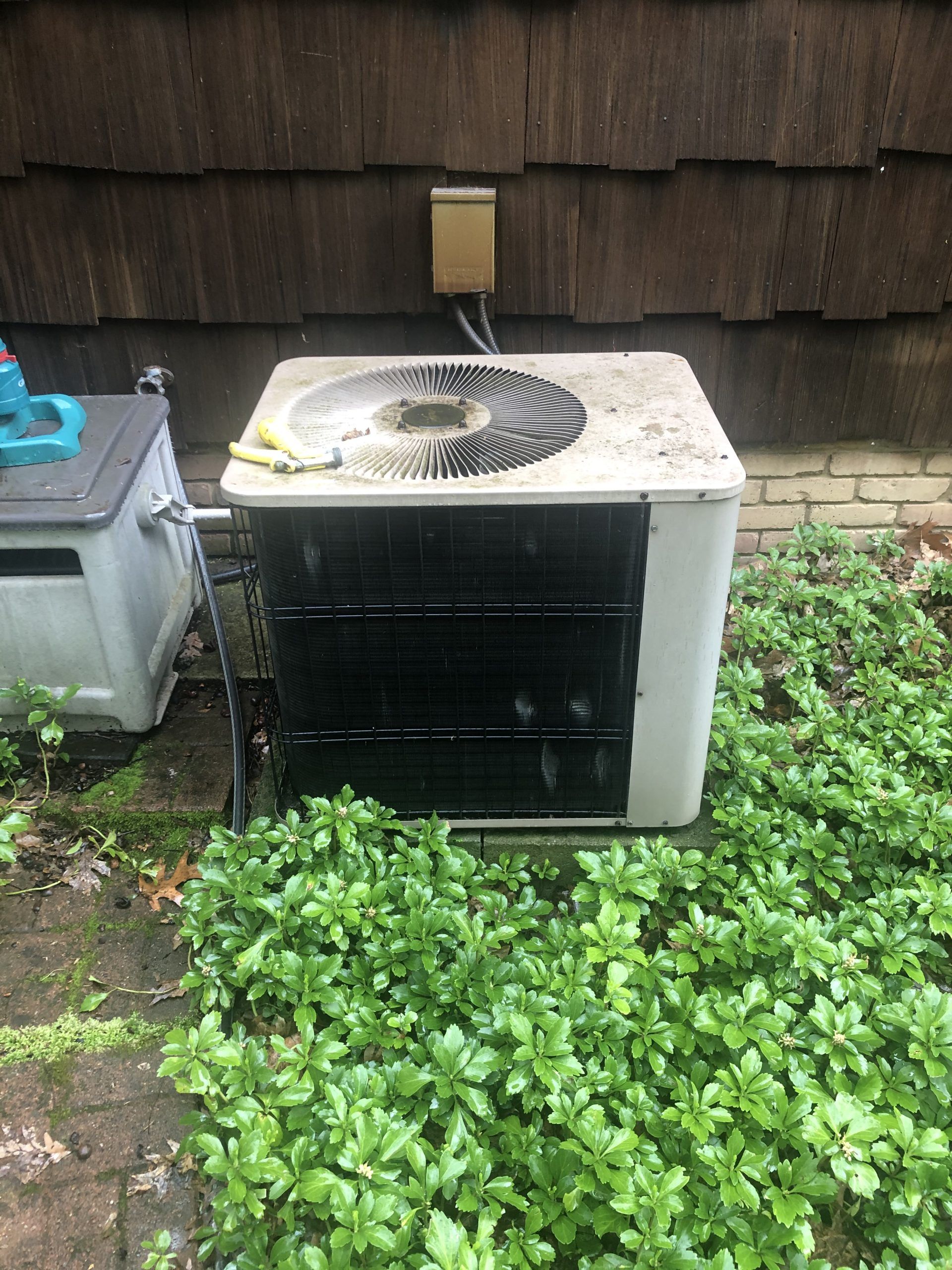Outdoor AC unit surrounded by green plants, next to a utility box on a wood-sided house.