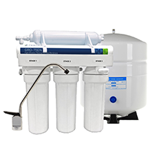 White reverse osmosis water filter system with a storage tank.