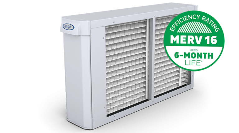 White MERV 16 air filter, with a green