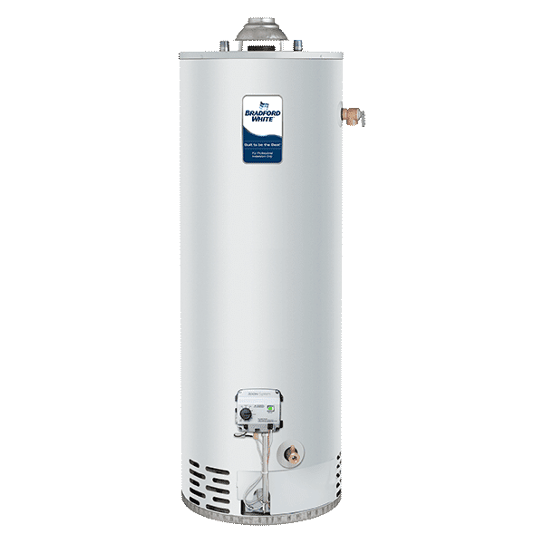 Tall, cylindrical, gas water heater; white with control panel at the bottom.