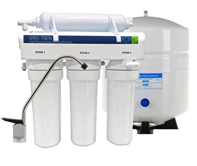 Reverse osmosis water filtration system with white filters, blue and white housing, and a storage tank.