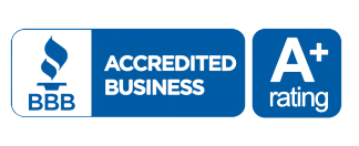 BBB accredited business logo with A+ rating. Blue and white colors.