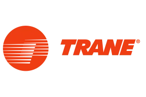 Trane logo: Orange circle with white lines, "TRANE" in orange text.