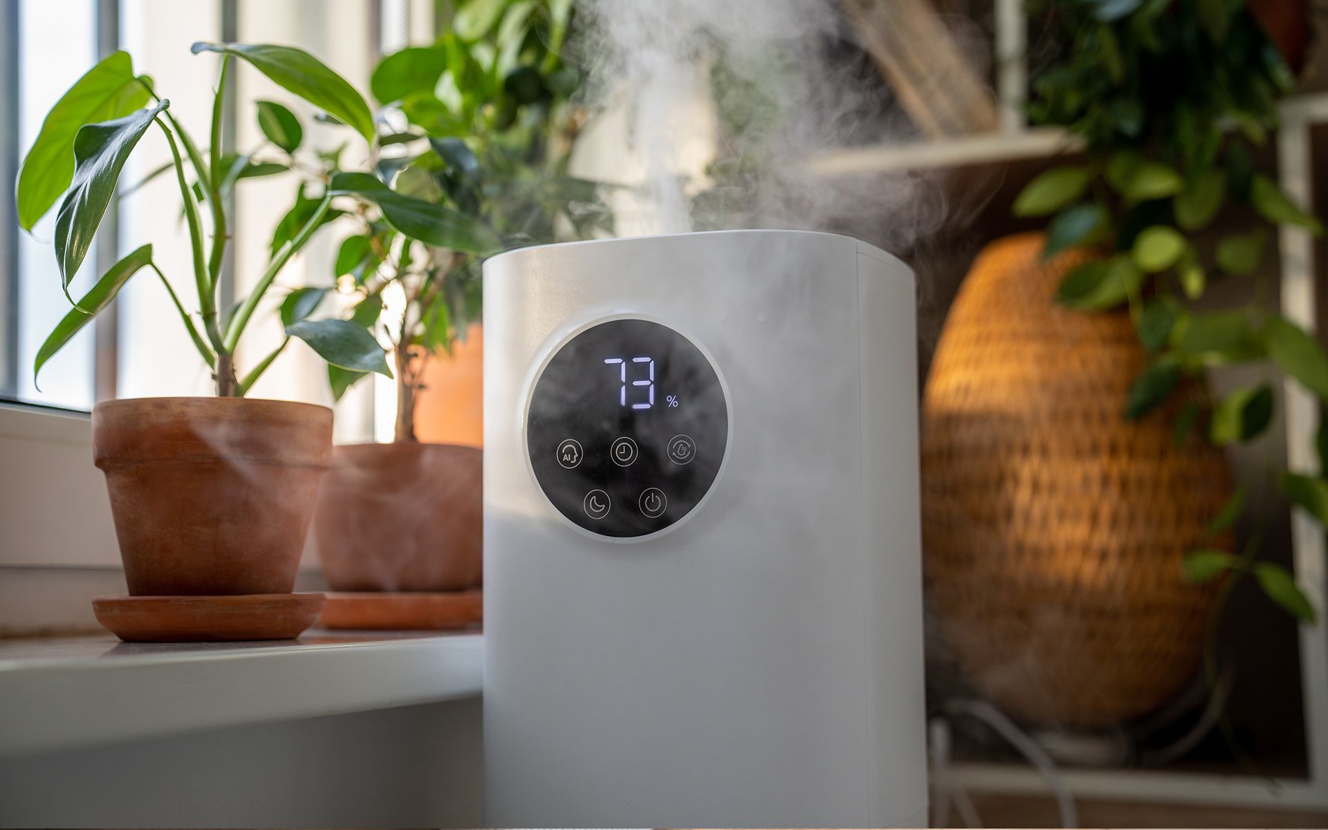 Humidifier with display reading 73% next to potted plants on a windowsill, emitting steam.