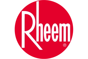 Rheem logo: White text "Rheem" inside a red circle.