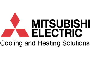 Mitsubishi Electric logo: Red diamond logo with "MITSUBISHI ELECTRIC" text, below it reads "Cooling and Heating Solutions".