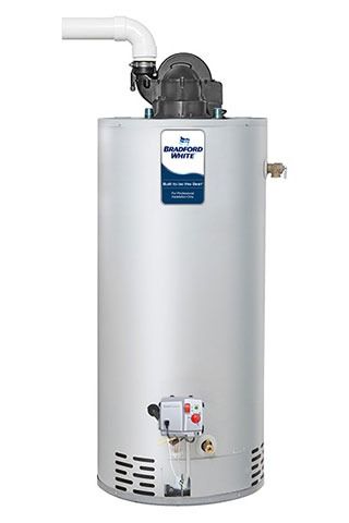 Silver gas water heater with vent pipe.