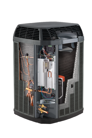 Cutaway view of an air conditioning unit, showcasing internal components and copper tubing. Black and gray exterior.