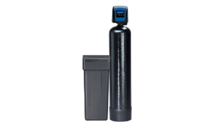 Water softener system, with a tall, black tank, digital display, and a salt storage tank.